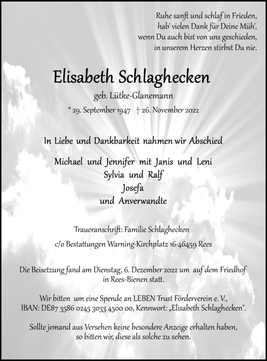 Traueranzeige von Elisabeth Schlagkecken von WVW Anzeigenblätter