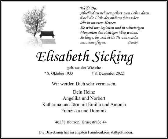 Traueranzeige von Elisabeth Sicking von WVW Anzeigenblätter