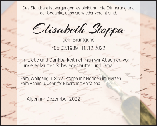 Traueranzeige von Elisabeth Stoppa von Tageszeitung