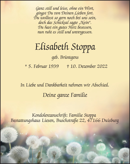 Traueranzeige von Elisabeth Stoppa von Tageszeitung