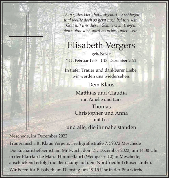 Traueranzeige von Elisabeth Vergers von Tageszeitung