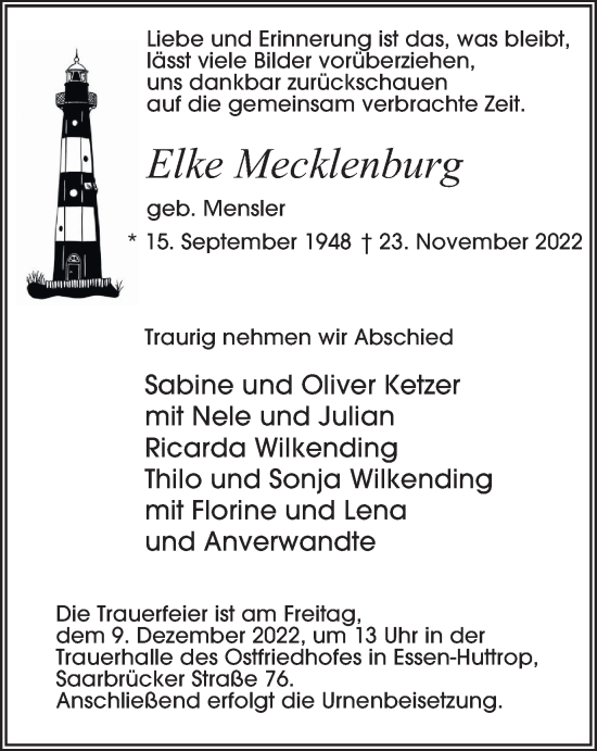 Traueranzeige von Elke Mecklenburg von Tageszeitung