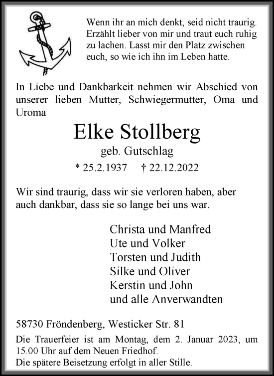 Traueranzeige von Elke Stollberg von WVW Anzeigenblätter