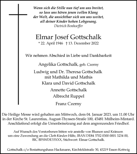 Traueranzeige von Elmar Josef Gottschalk von Tageszeitung
