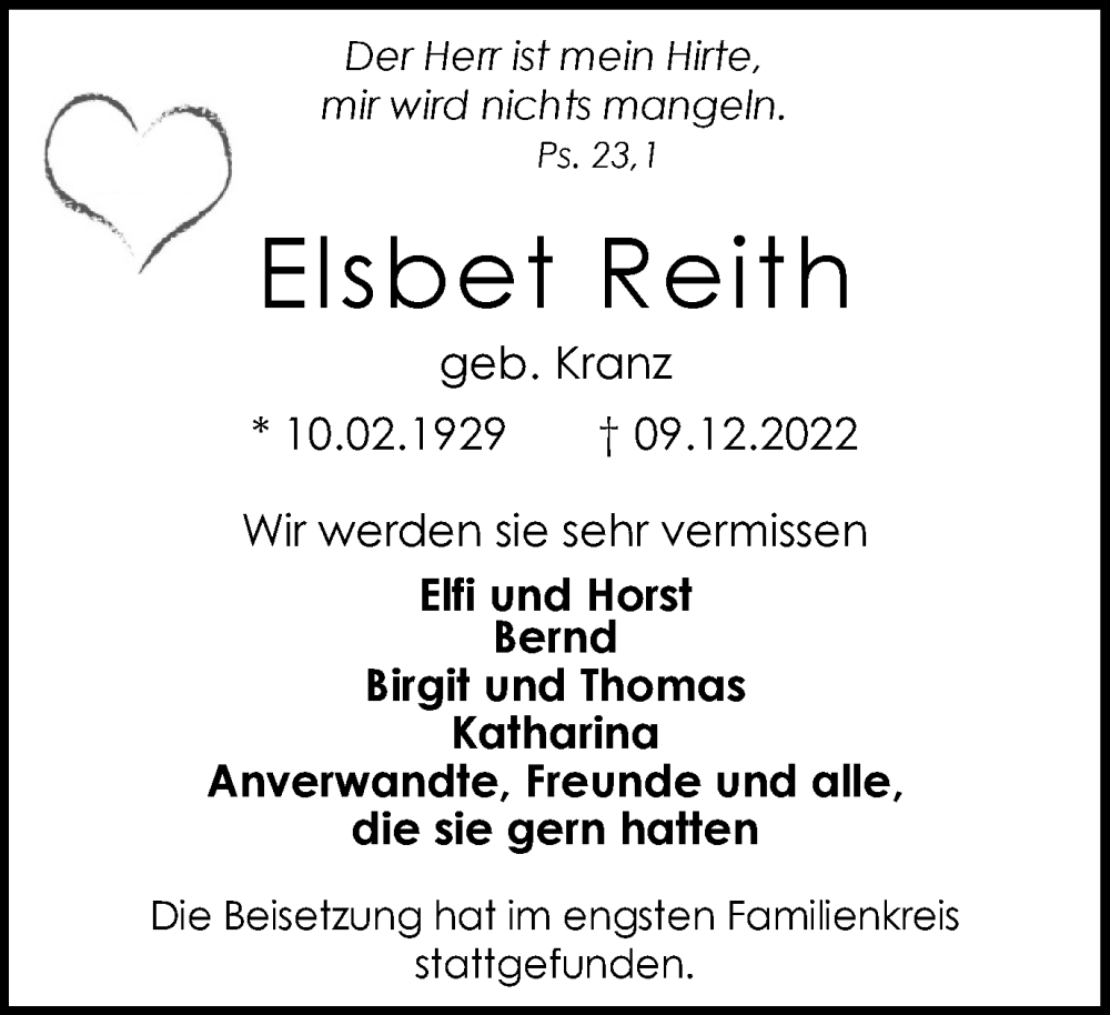  Traueranzeige für Elsbet Reith vom 22.12.2022 aus Tageszeitung