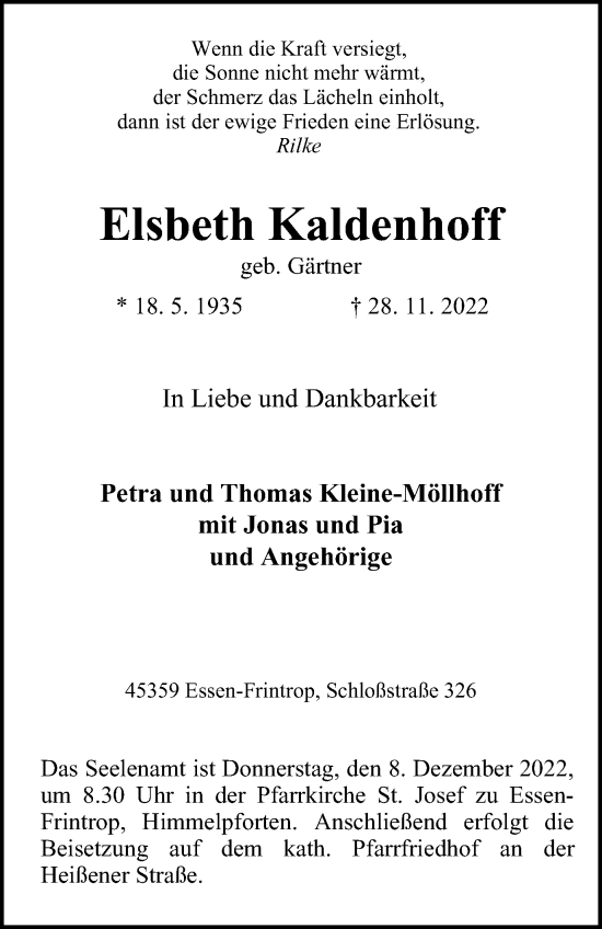 Traueranzeige von Elsbeth Kaldenhoff von Tageszeitung