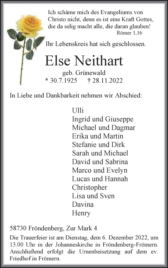 Traueranzeige von Else Neithart von WVW Anzeigenblätter