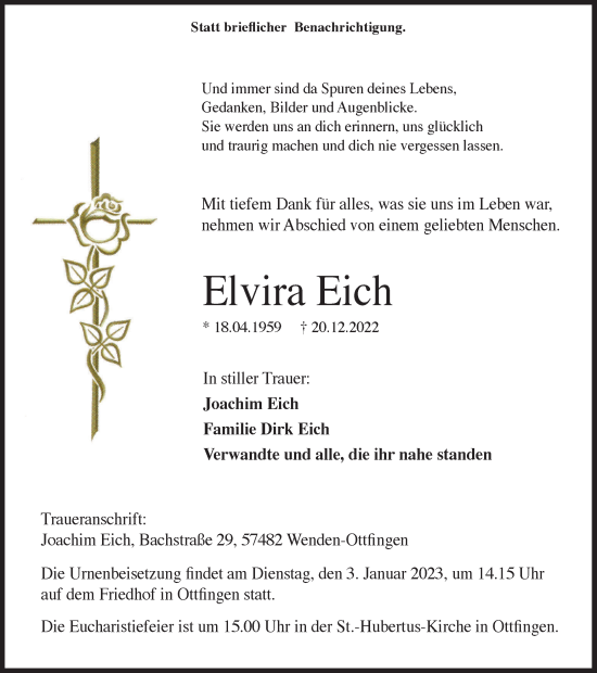 Traueranzeige von Elvira Eich von Tageszeitung