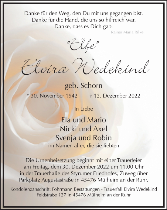 Traueranzeige von Elvira Wedekind von WVW Anzeigenblätter