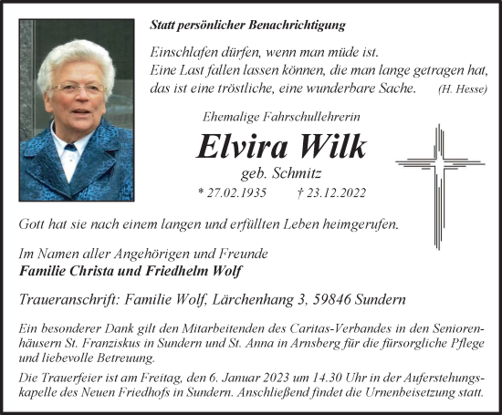 Traueranzeige von Elvira Wilk von Tageszeitung