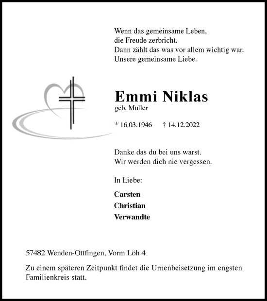Traueranzeige von Emmi Niklas von Tageszeitung