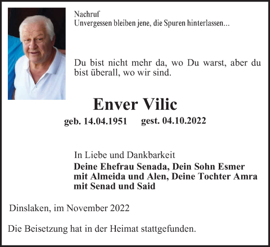 Traueranzeige von Enver Vilic von Tageszeitung