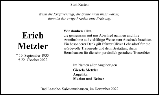 Traueranzeige von Erich Metzler von Tageszeitung