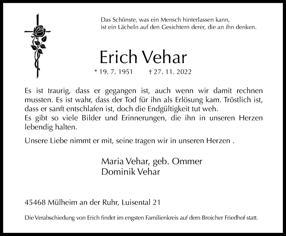  Traueranzeige für Erich Vehar vom 10.12.2022 aus WVW Anzeigenblätter