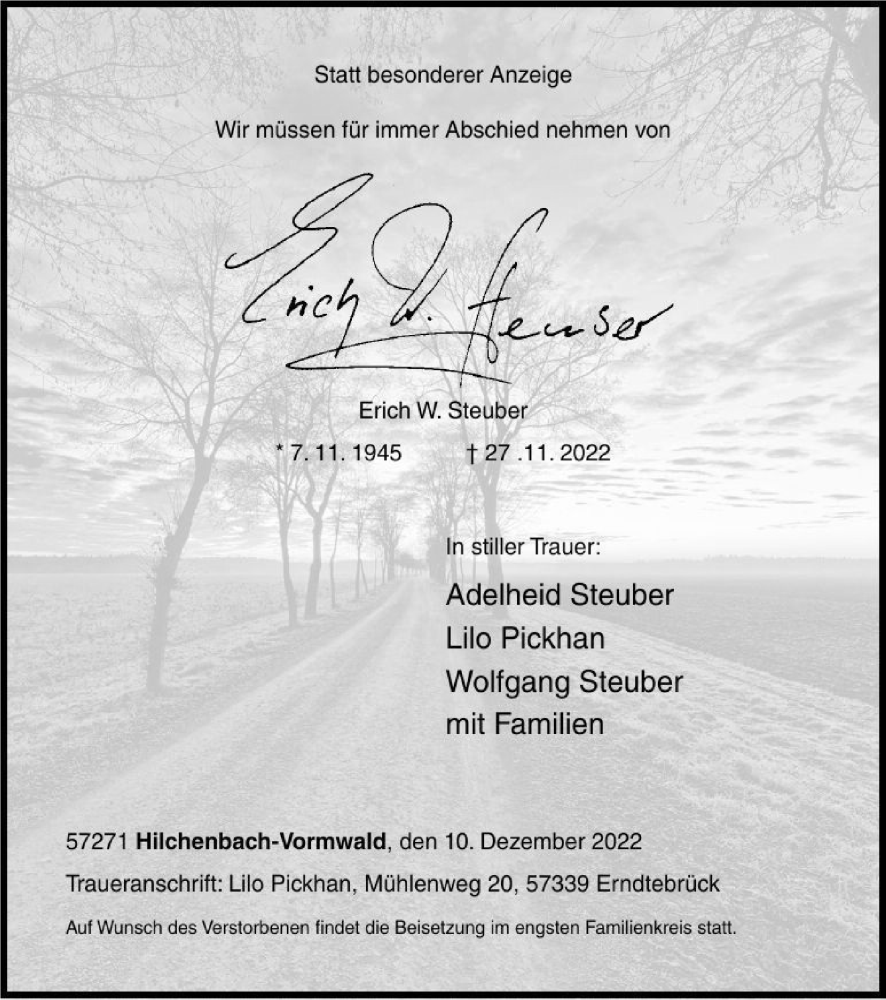  Traueranzeige für Erich W. Steuber vom 10.12.2022 aus Tageszeitung
