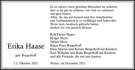 Traueranzeige von Erika Haase von Tageszeitung