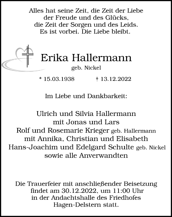 Traueranzeige von Erika Hallermann von Tageszeitung