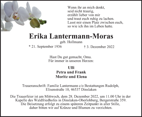 Traueranzeige von Erika Lantermann-Moras von WVW Anzeigenblätter