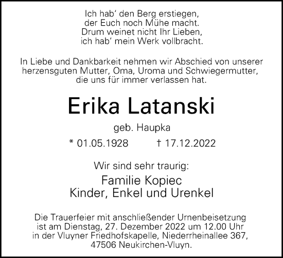 Traueranzeige von Erika Latanski von Tageszeitung