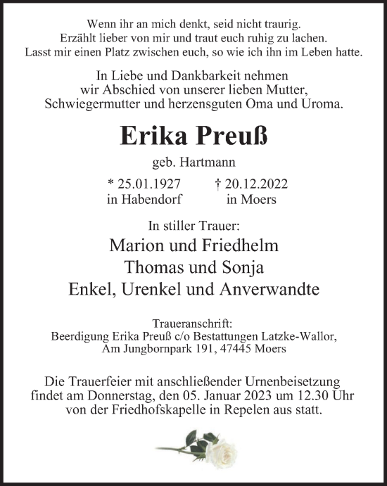 Traueranzeige von Erika Preuß von Tageszeitung