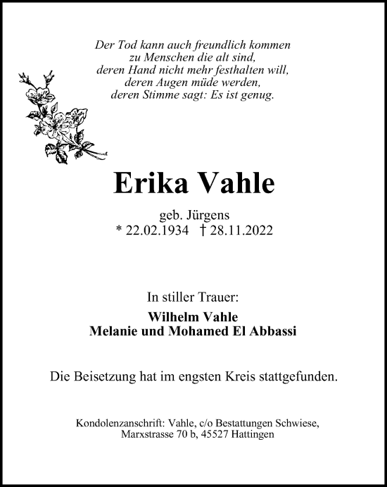 Traueranzeige von Erika Vahle von WVW Anzeigenblätter