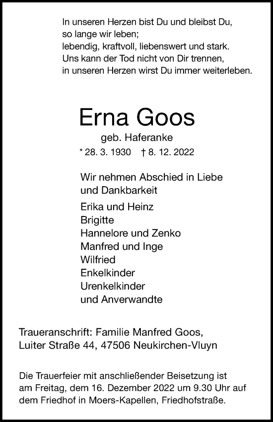 Traueranzeige von Erna Goos von Tageszeitung