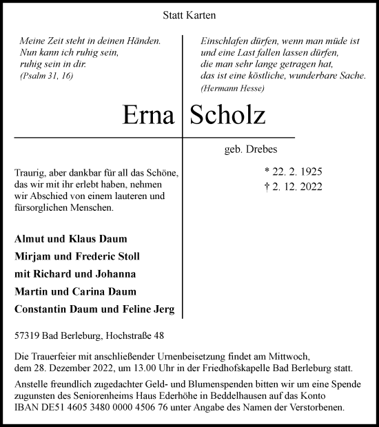 Traueranzeige von Erna Scholz von Tageszeitung