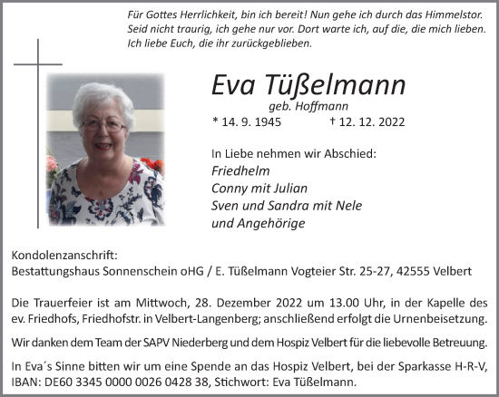 Traueranzeige von Eva Tüßelmann von WVW Anzeigenblätter