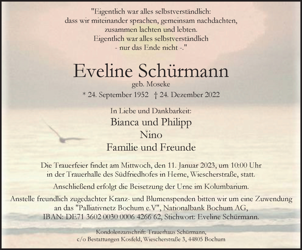  Traueranzeige für Eveline Schürmann vom 31.12.2022 aus Tageszeitung