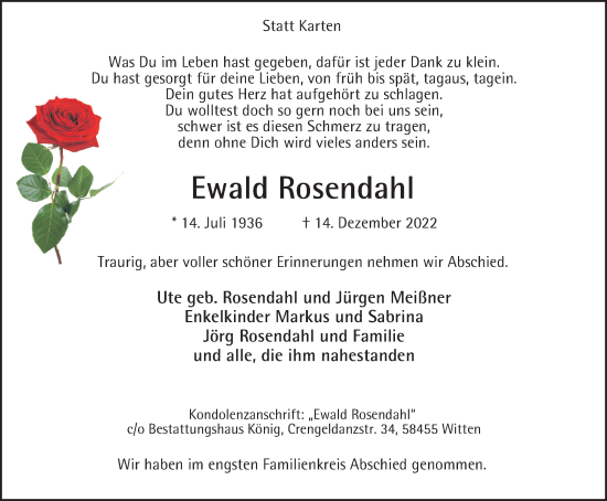 Traueranzeige von Ewald Rosendahl von Tageszeitung