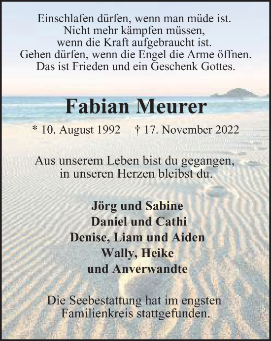 Traueranzeige von Fabian Meurer von WVW Anzeigenblätter