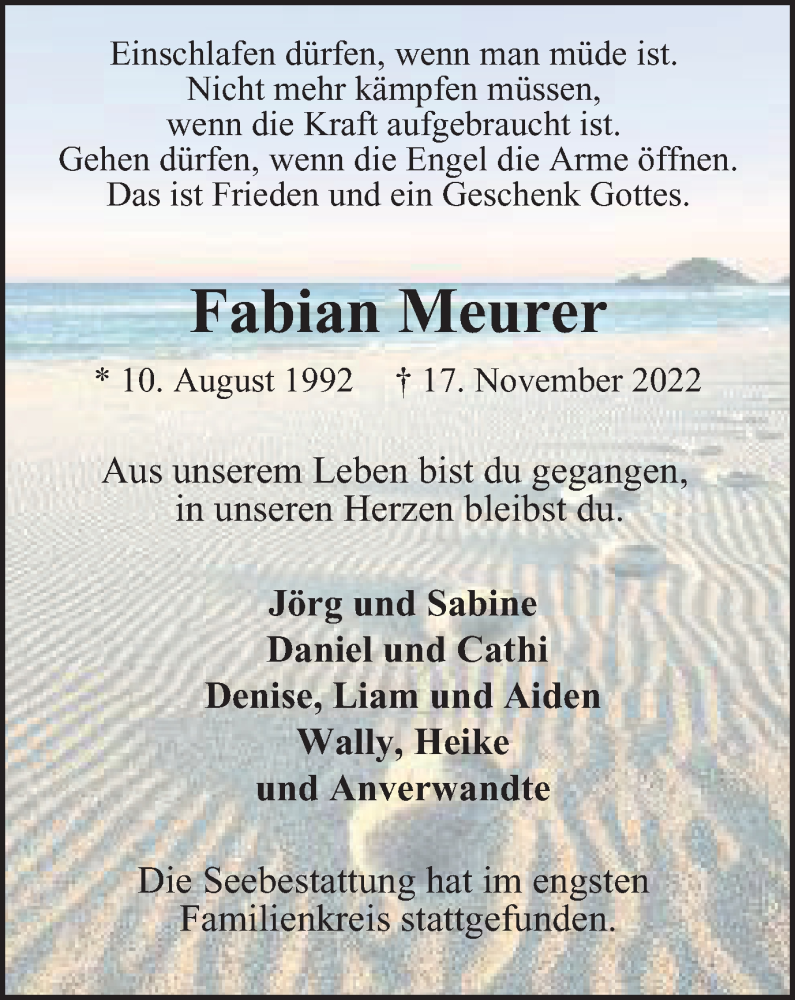  Traueranzeige für Fabian Meurer vom 03.12.2022 aus WVW Anzeigenblätter
