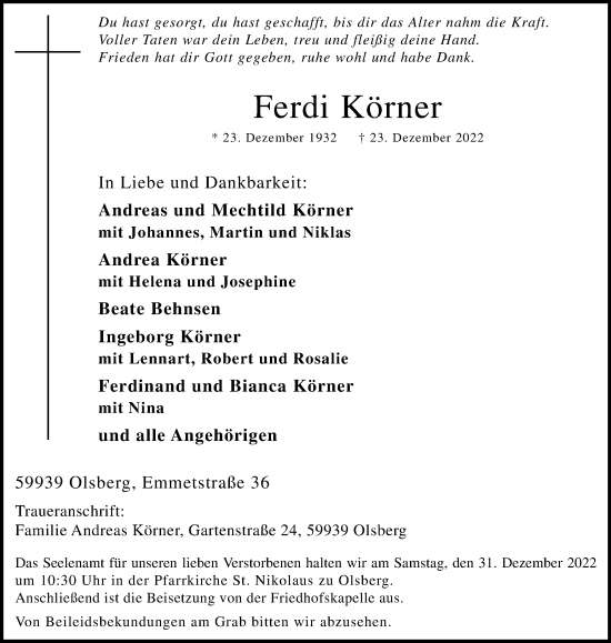 Traueranzeige von Ferdi Körner von Tageszeitung