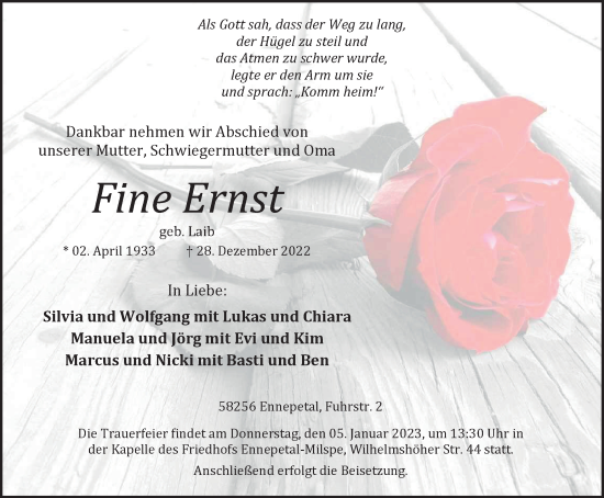 Traueranzeige von Fine Ernst von Tageszeitung