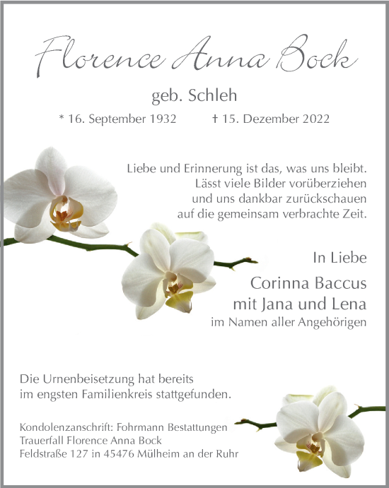 Traueranzeige von Florence Anna Bock von WVW Anzeigenblätter