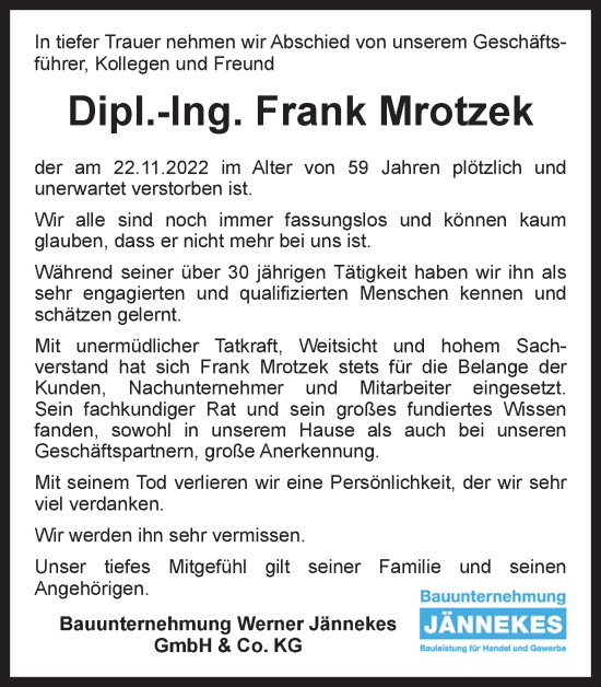 Traueranzeige von Frank Mrotzek von Tageszeitung