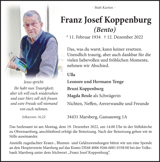 Traueranzeige von Franz Josef Koppenburg von Tageszeitung