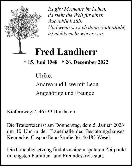 Traueranzeige von Fred Landherr von Tageszeitung