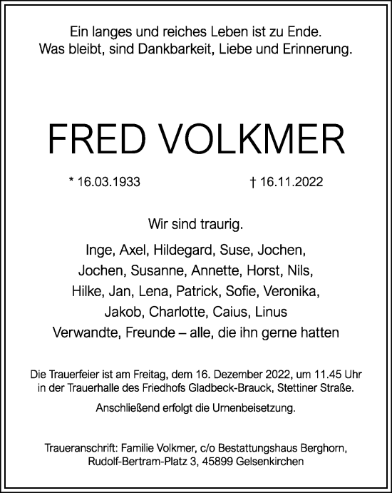 Traueranzeige von Fred Volkmer von Tageszeitung