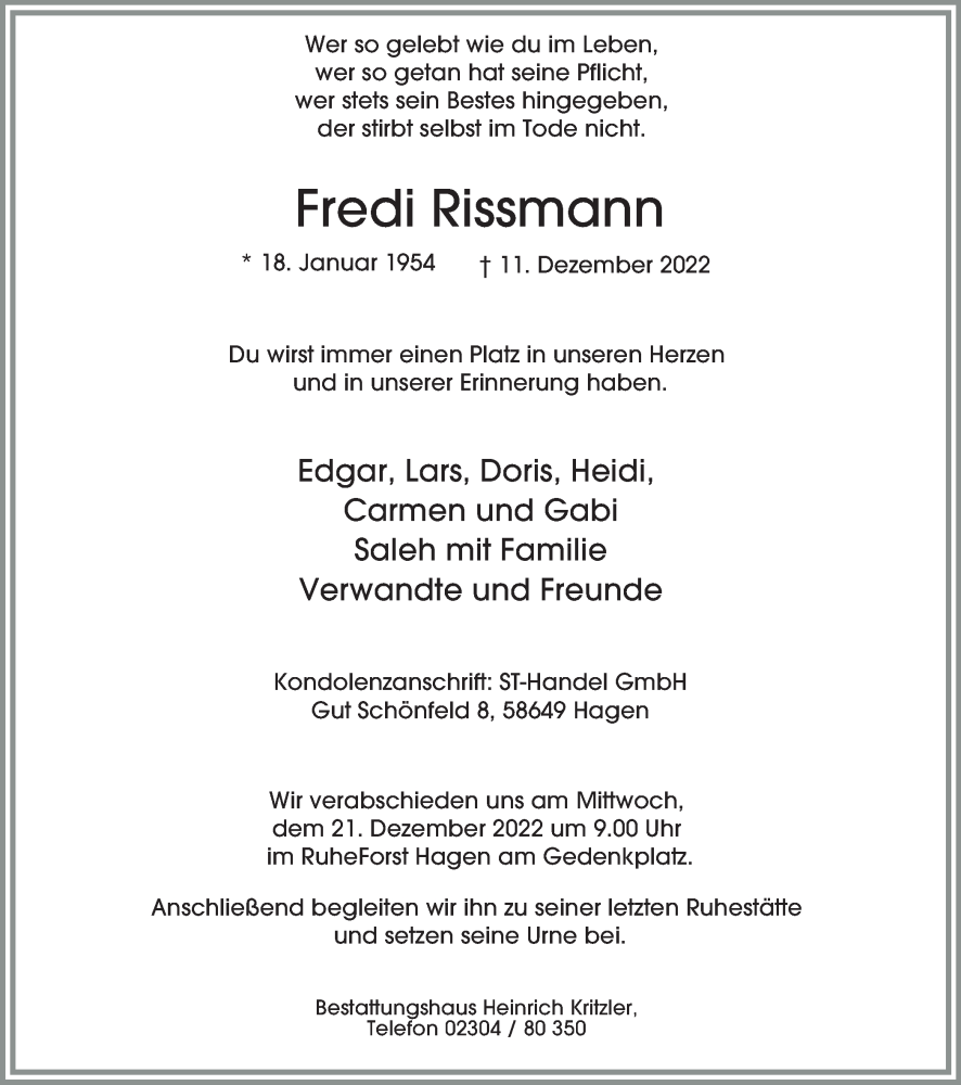  Traueranzeige für Fredi Rissmann vom 17.12.2022 aus Tageszeitung
