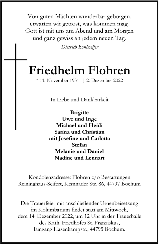 Traueranzeige von Friedhelm Flohren von Tageszeitung