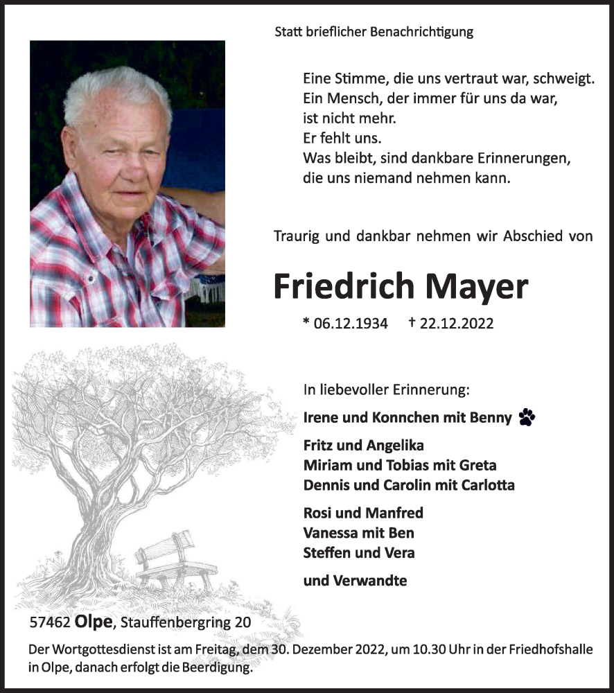  Traueranzeige für Friedrich Mayer vom 28.12.2022 aus Tageszeitung