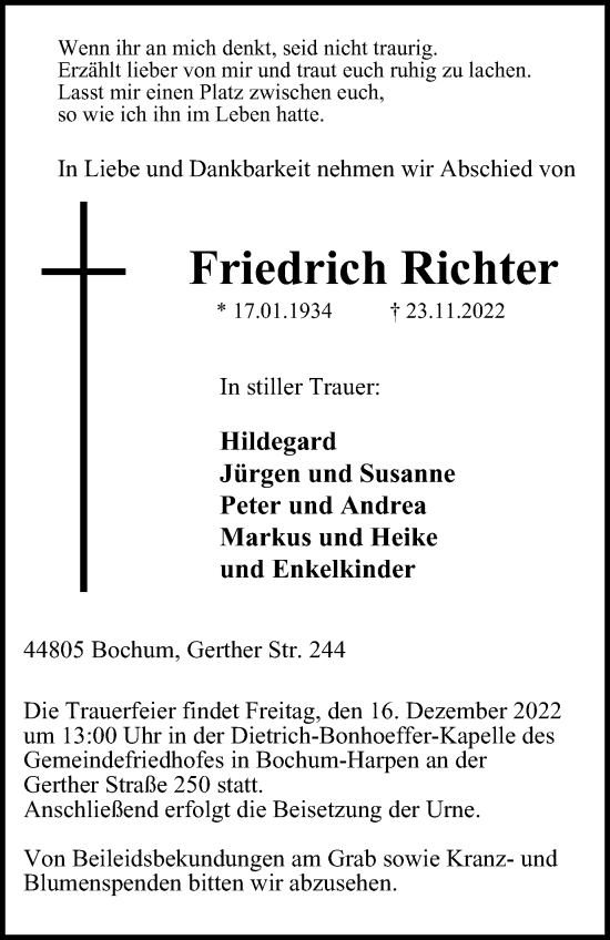 Traueranzeige von Friedrich Richter von Tageszeitung