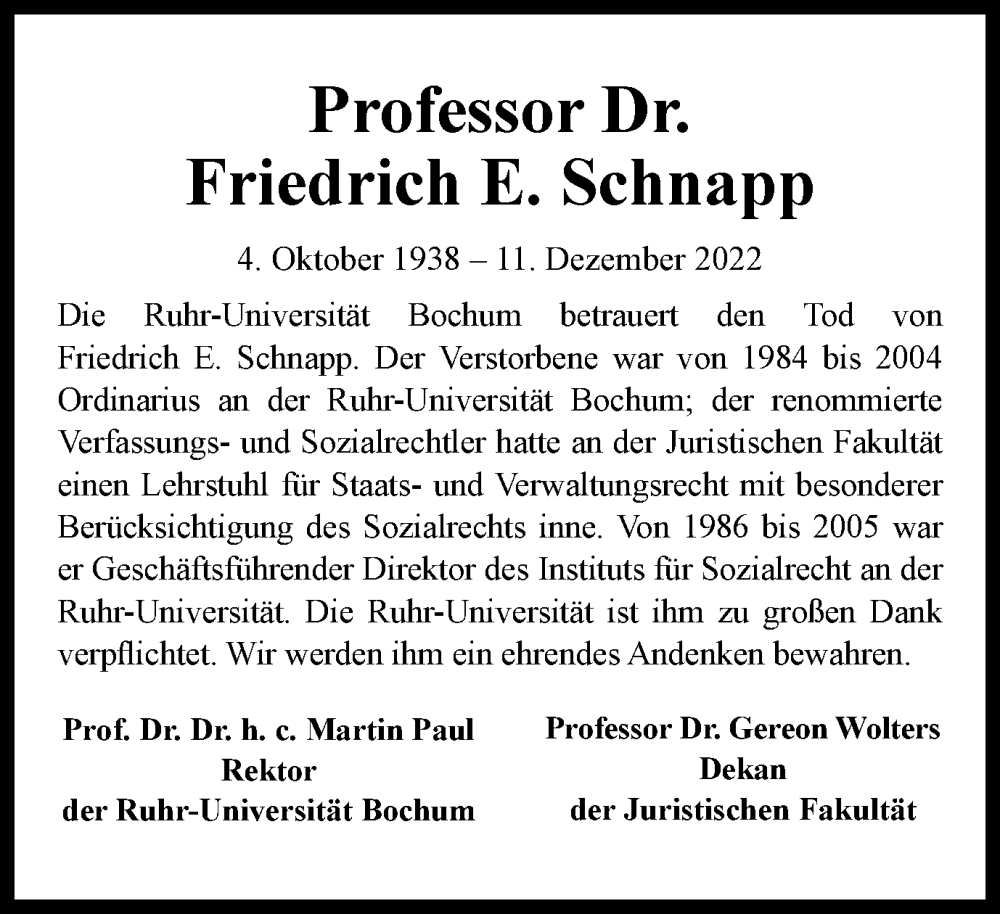  Traueranzeige für Friedrich E. Schnapp vom 24.12.2022 aus Tageszeitung