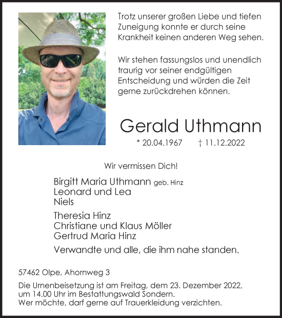 Traueranzeige von Gerald Uthmann von Tageszeitung