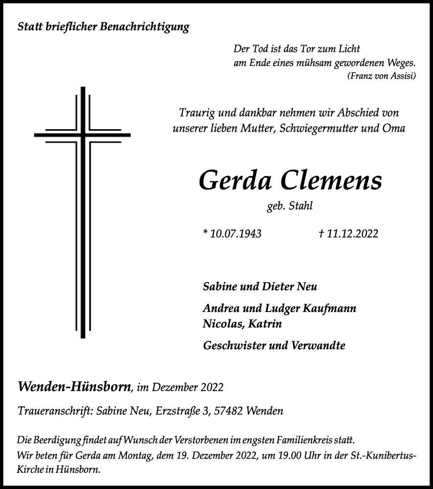  Traueranzeige für Gerda Clemens vom 15.12.2022 aus Tageszeitung