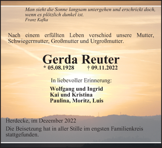Traueranzeige von Gerda Reuter von Tageszeitung