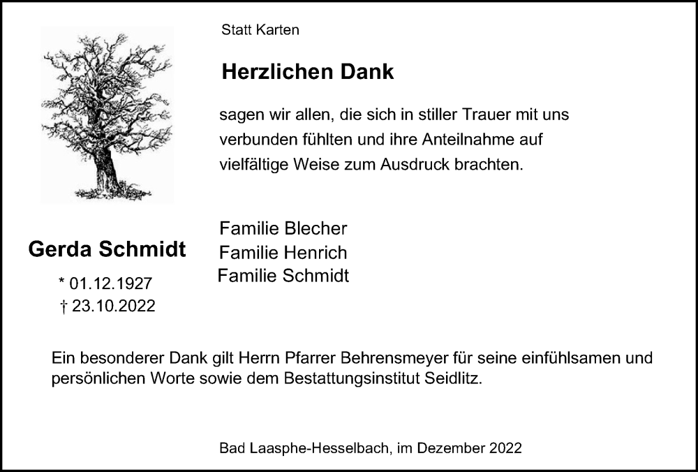  Traueranzeige für Gerda Schmidt vom 14.12.2022 aus Tageszeitung