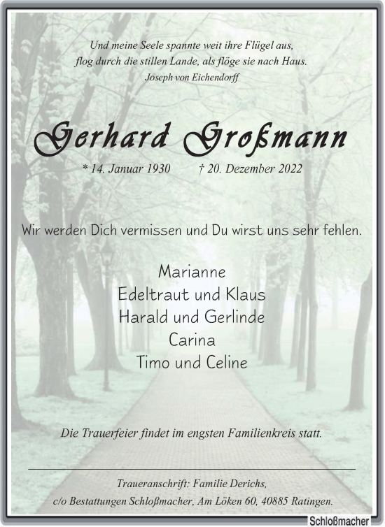Traueranzeige von Gerhard Großmann von WVW Anzeigenblätter
