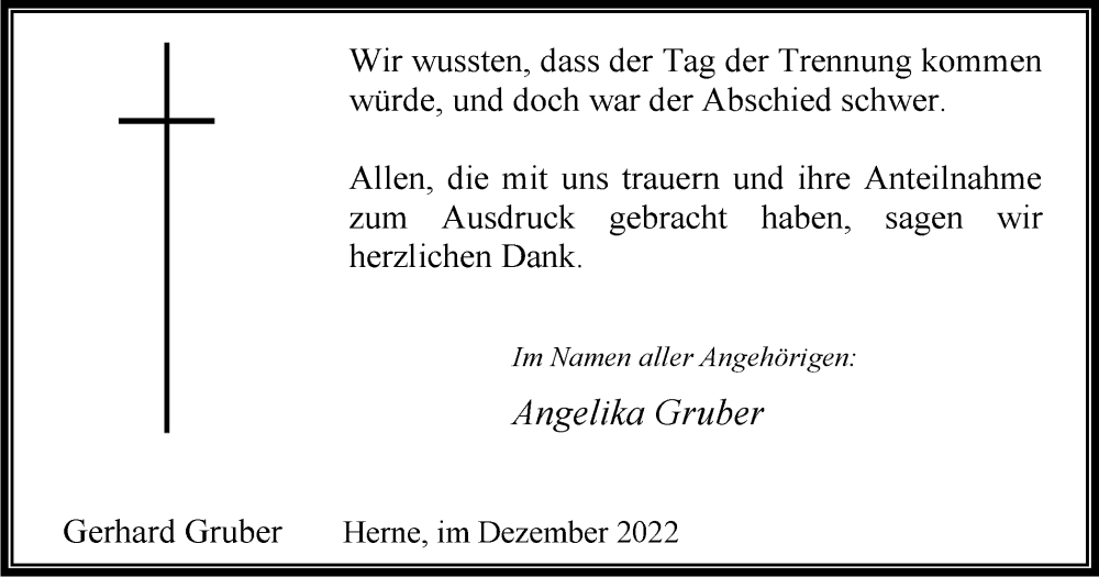  Traueranzeige für Gerhard Gruber vom 31.12.2022 aus Tageszeitung